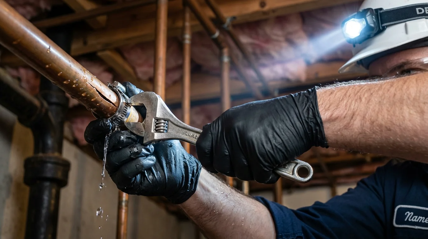 Emergency pipe clamp repair being performed by a Johns Plumbing LLC plumber in Chamberlain