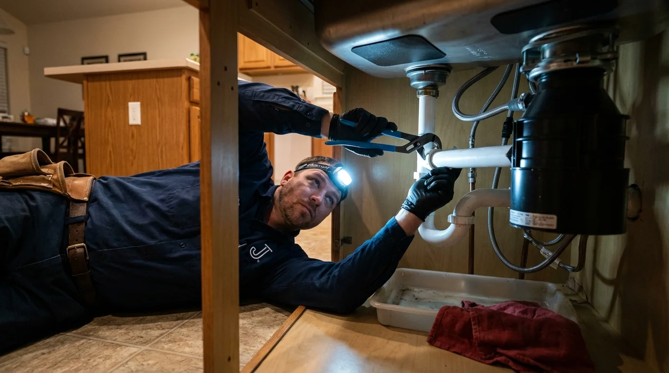 P-trap and supply line connections under a kitchen sink showing a common leak point in Chamberlain, SD